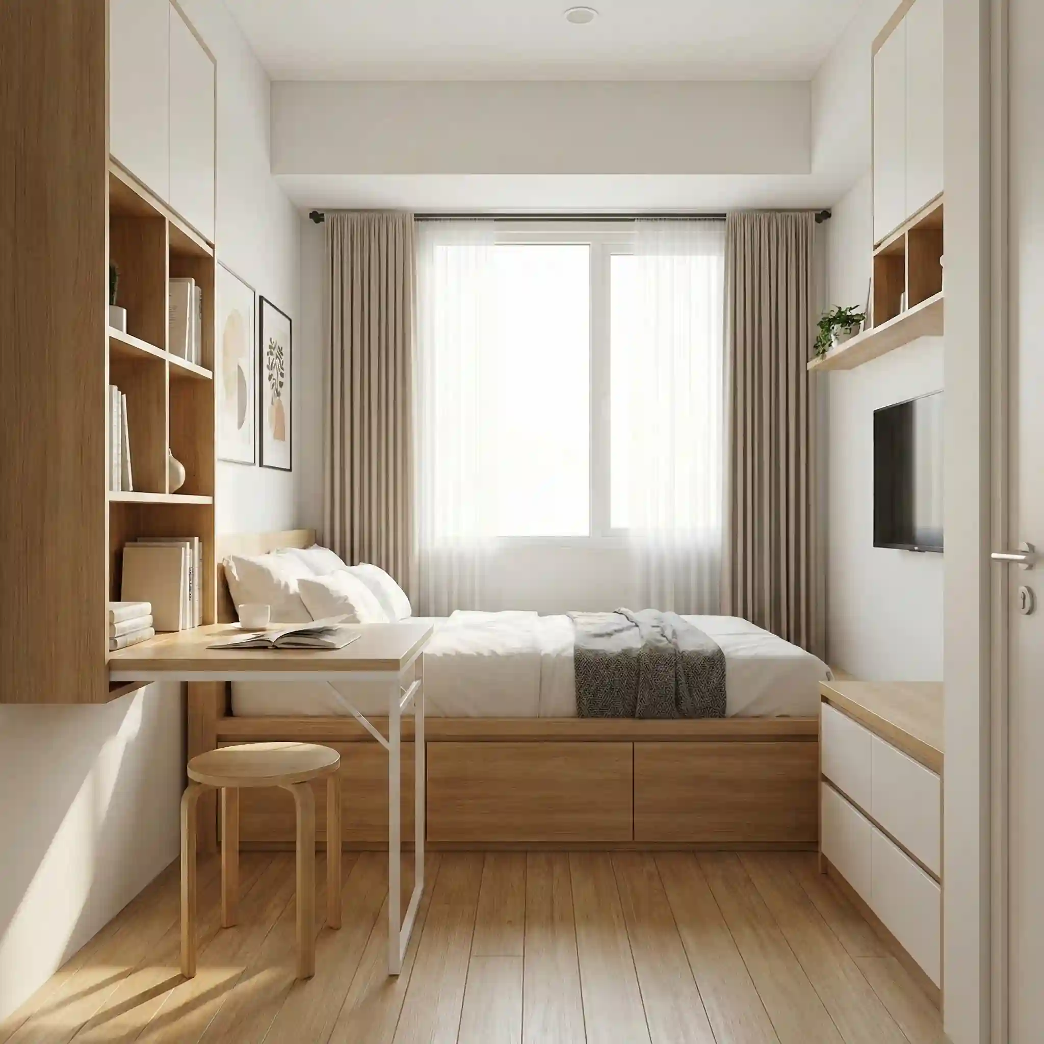 Desain interior apartemen studio mungil dengan furnitur multifungsi karya kontraktor interior apartemen jakarta Desain interior apartemen studio mungil dengan furnitur multifungsi karya kontraktor interior apartemen jakarta