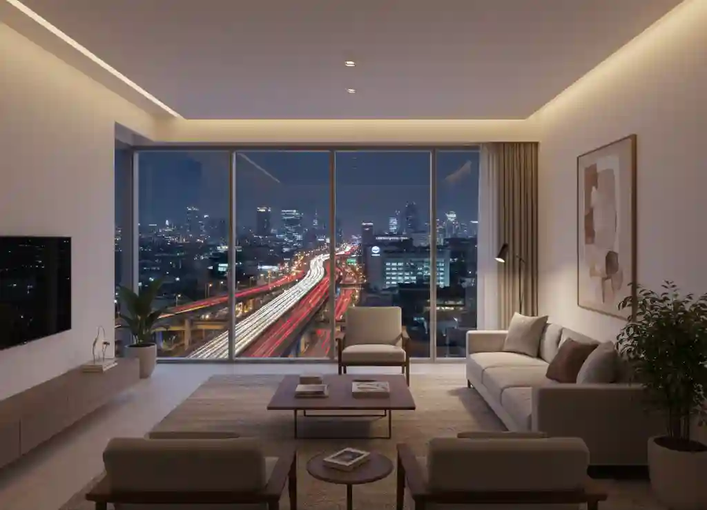 Desain interior ruang tamu apartemen Jakarta minimalis dengan pemandangan kota malam hari karya kontraktor design interior Jakarta splusa.id Desain interior ruang tamu apartemen Jakarta minimalis dengan pemandangan kota malam hari karya kontraktor design interior Jakarta splusa.id