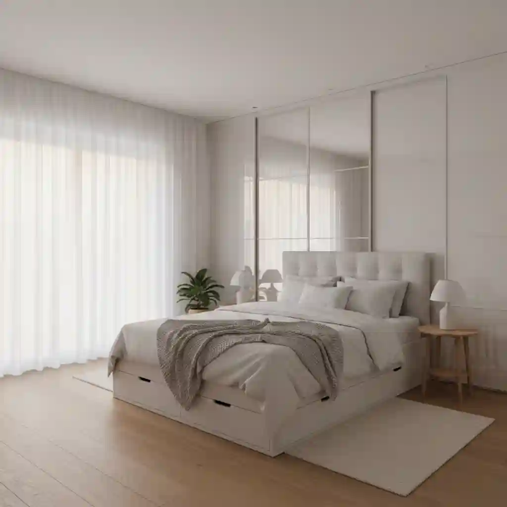 Desain kamar tidur minimalis ukuran 3x4 meter dengan lemari tanam dan pencahayaan alami-jasa interior jakarta splusa.id Desain kamar tidur minimalis ukuran 3x4 meter dengan lemari tanam dan pencahayaan alami-jasa interior jakarta splusa.id