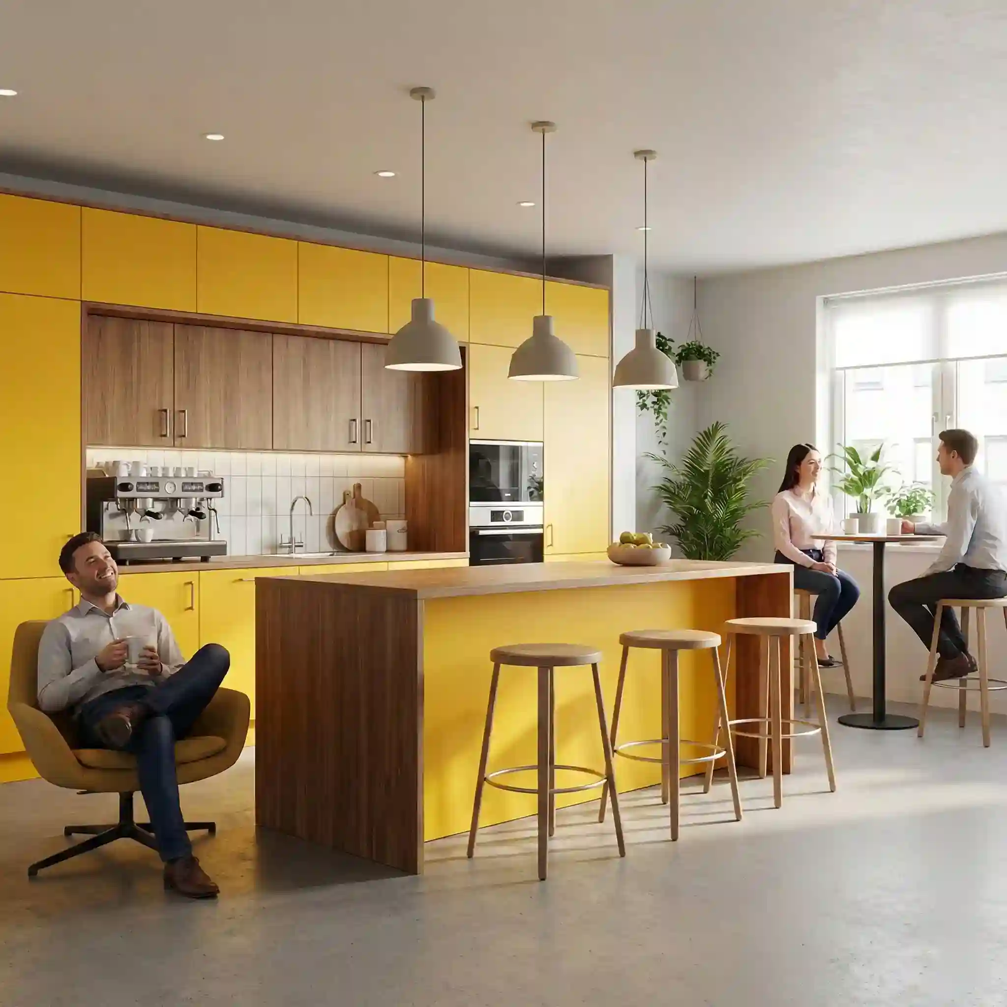 Desain pantry kantor gaya kafe yang nyaman dan colorful sebagai tempat istirahat karyawan, karya jasa interior Jakarta-kontraktor SPLusA.id