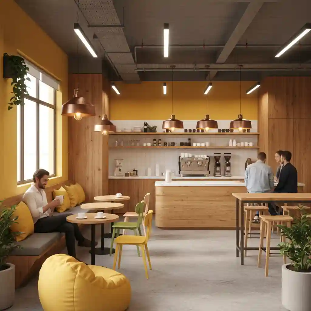 Desain pantry kantor gaya kafe yang nyaman dan colorful sebagai tempat istirahat karyawan, karya jasa interior Jakarta