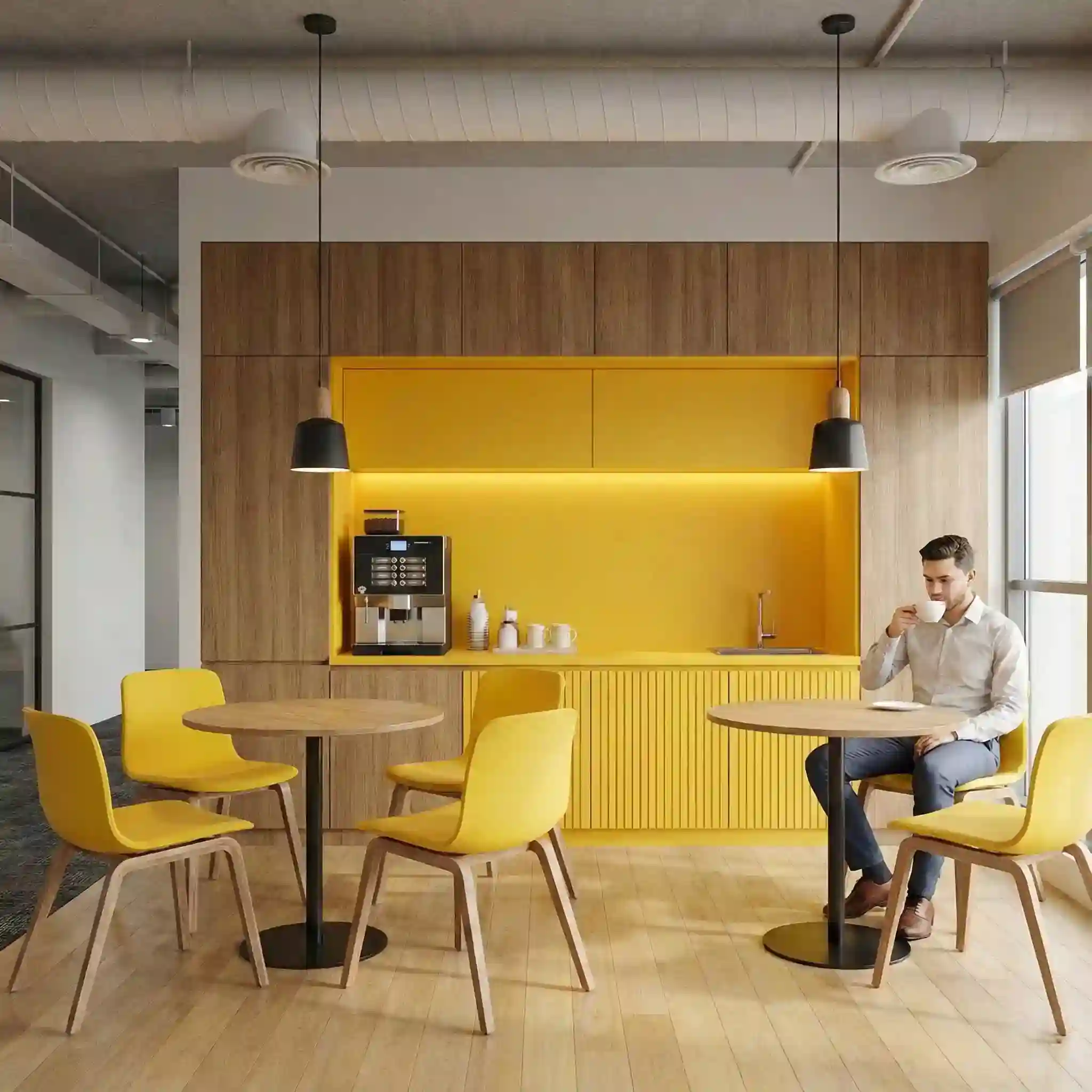 Desain pantry kantor gaya kafe yang nyaman dan colorful sebagai tempat istirahat para karyawan, karya jasa interior Jakarta-SPLusA.id