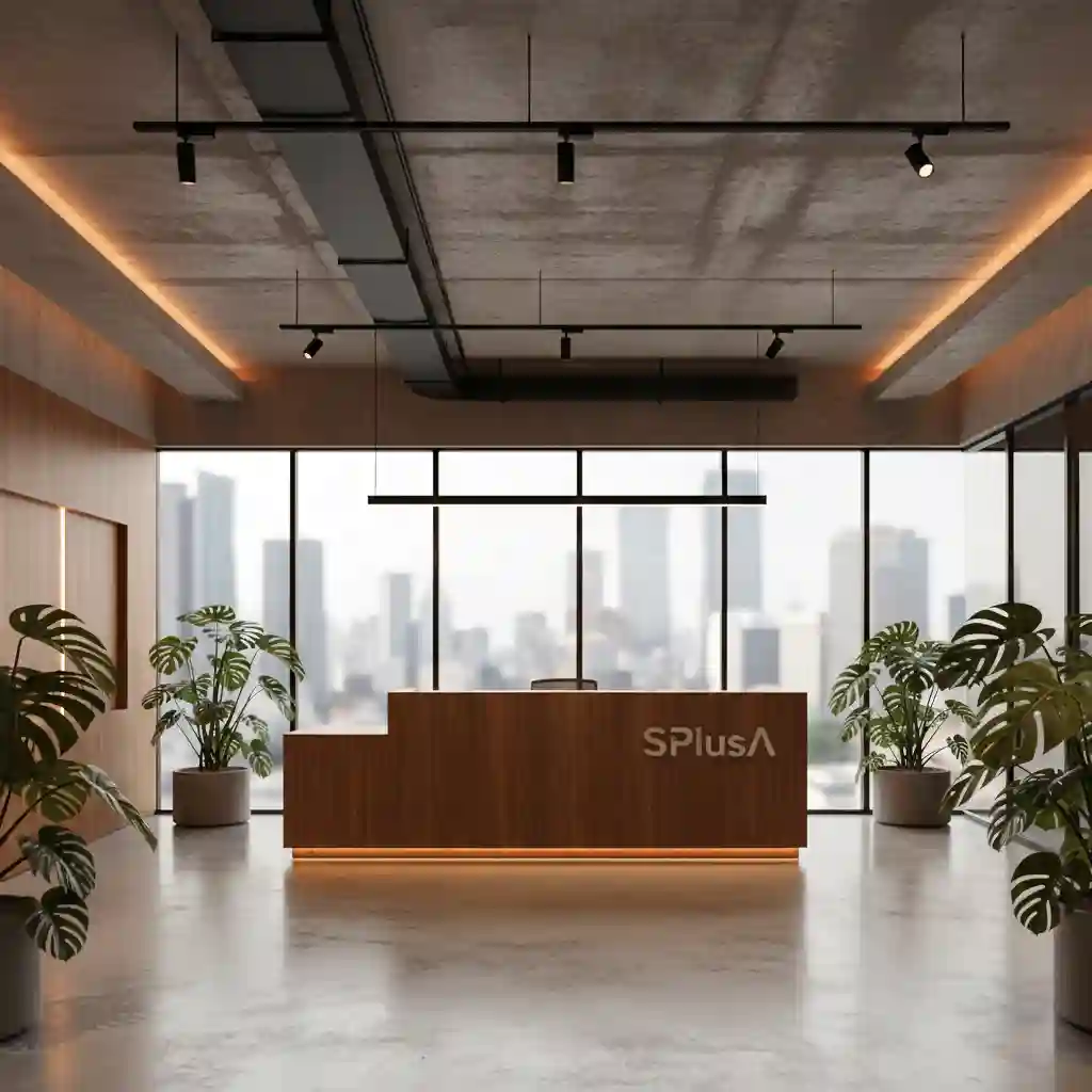 Desain resepsionis kantor modern industrial di Jakarta Utara dengan lantai beton ekspos dan meja kayu elegan karya kontraktor interior SPlusA.id