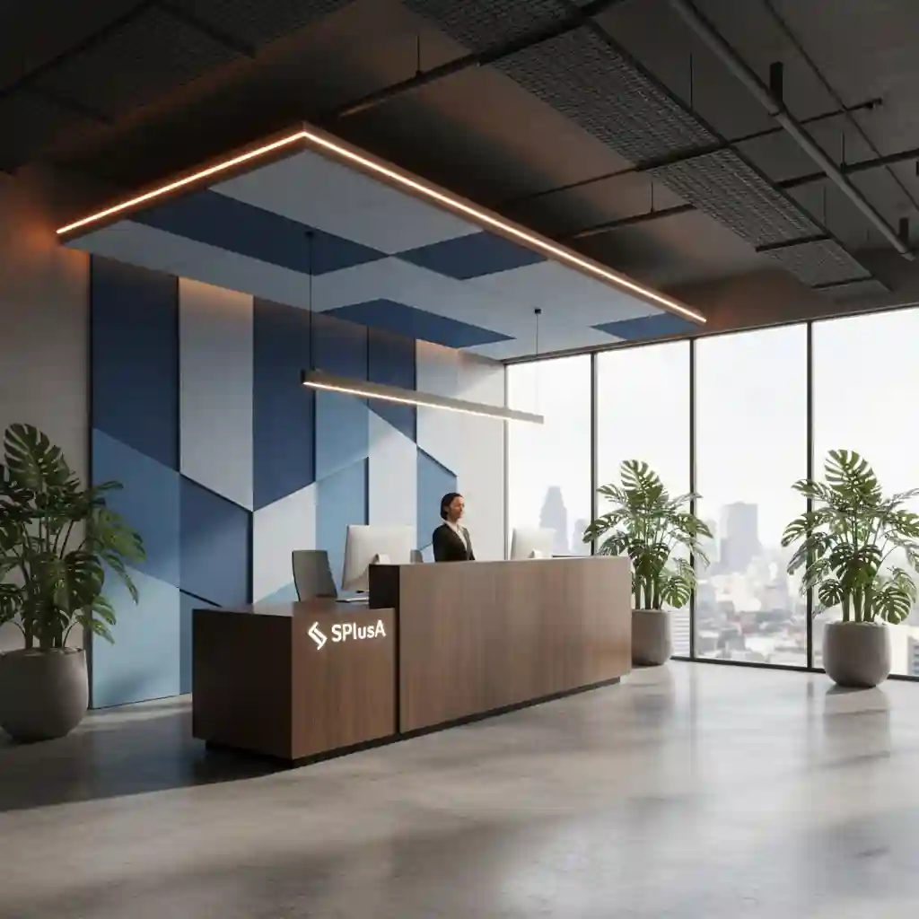 Desain resepsionis kantor modern industrial di Jakarta Utara dengan lantai beton ekspos meja kayu elegan karya kontraktor interior SPlusA