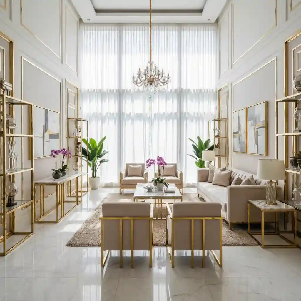 Desain ruang tamu mewah kontraktor interior Jakarta Utara di kawasan PIK dengan aksen gold anti karat Desain ruang tamu mewah kontraktor interior Jakarta Utara di kawasan PIK dengan aksen gold anti karat