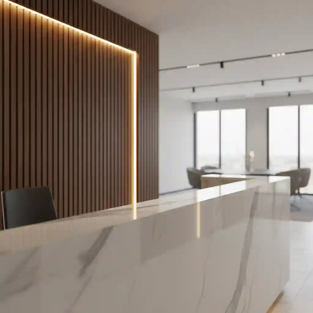 Detail material premium interior kantor resepsionis marmer dan kayu- Kontraktor Interior Jakarta Pusat SPLusA.id Detail material premium interior kantor resepsionis marmer dan kayu- Kontraktor Interior Jakarta Pusat SPLusA.id