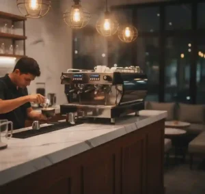 Detail meja bar cafe modern hasil pengerjaan kontraktor interior Jakarta