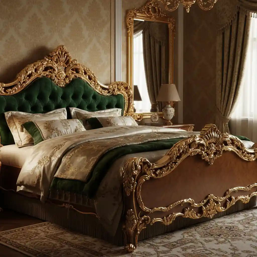 Detail tekstur dan pencahayaan pada render interior kamar tidur mewah klasik-kontraktor interior jakarta terpercaya splusa.id