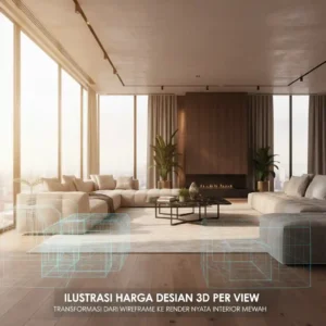 Ilustrasi harga desain 3D per view transformasi dari wireframe ke render nyata interior mewah-kontraktor interior jakarta terpercaya splusa.id