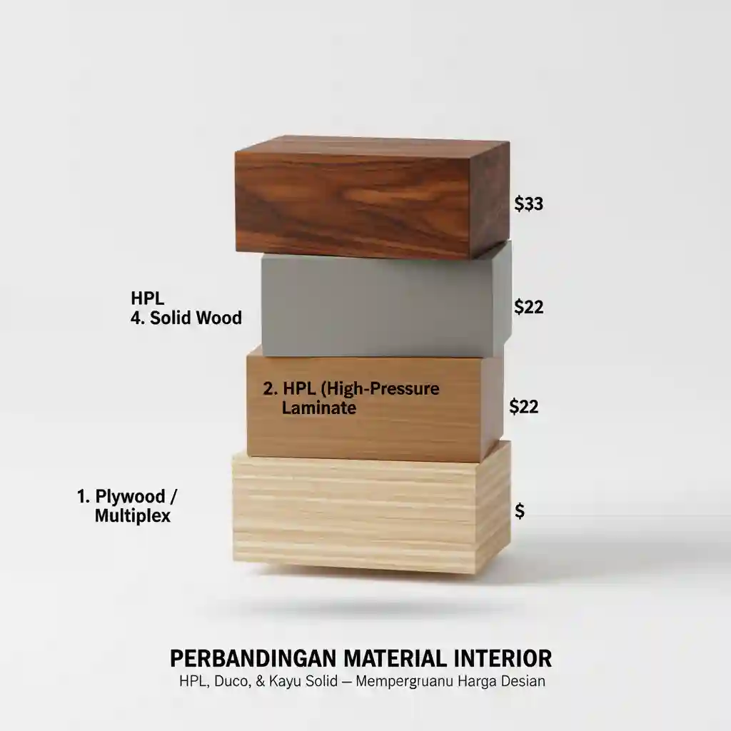 Infografis perbandingan material interior HPL Duco dan Kayu Solid yang mempengaruhi harga desain kamar tidur-jasa dan kontraktor interior splusa.id Infografis perbandingan material interior HPL Duco dan Kayu Solid yang mempengaruhi harga desain kamar tidur-jasa dan kontraktor interior splusa.id
