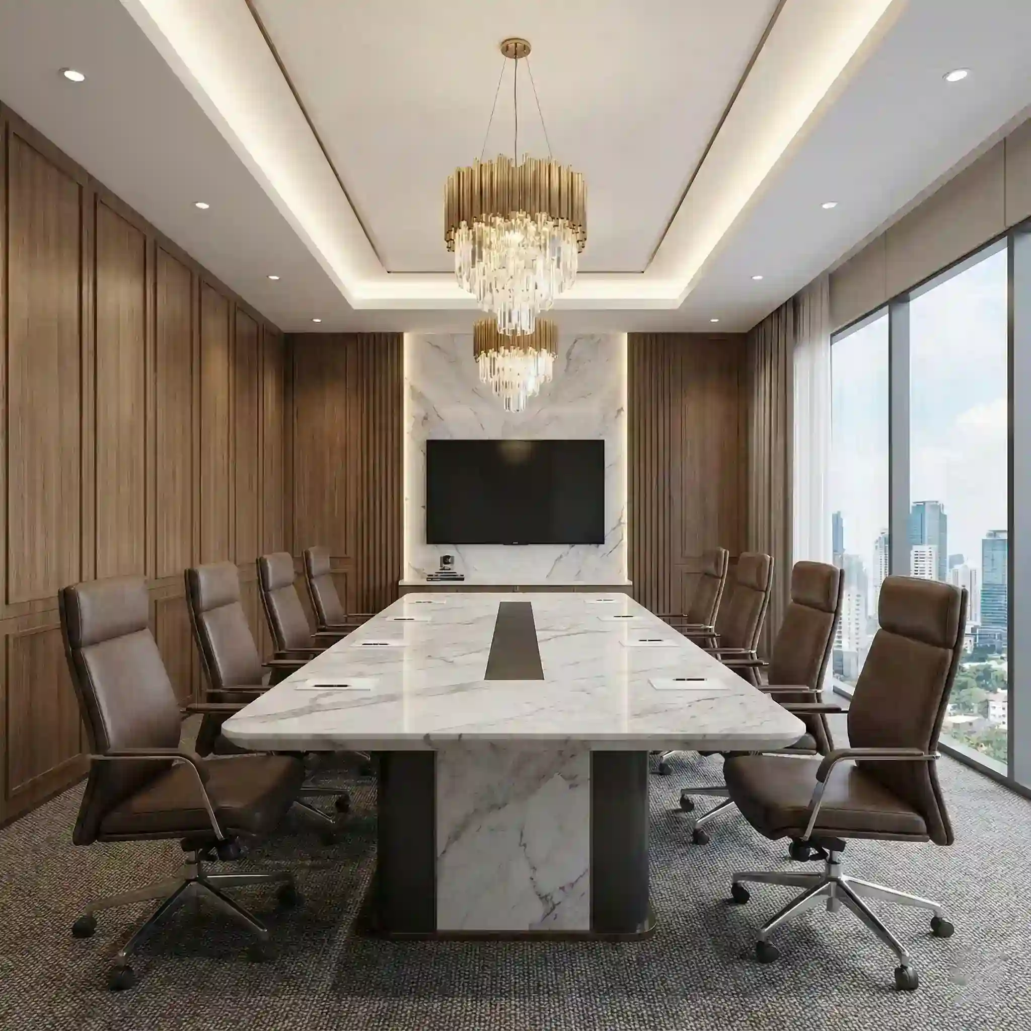 Interior ruang rapat direksi mewah dengan panel dinding kedap suara dan meja marmer, solusi desain interior kantor premium-interior SPLusA.id