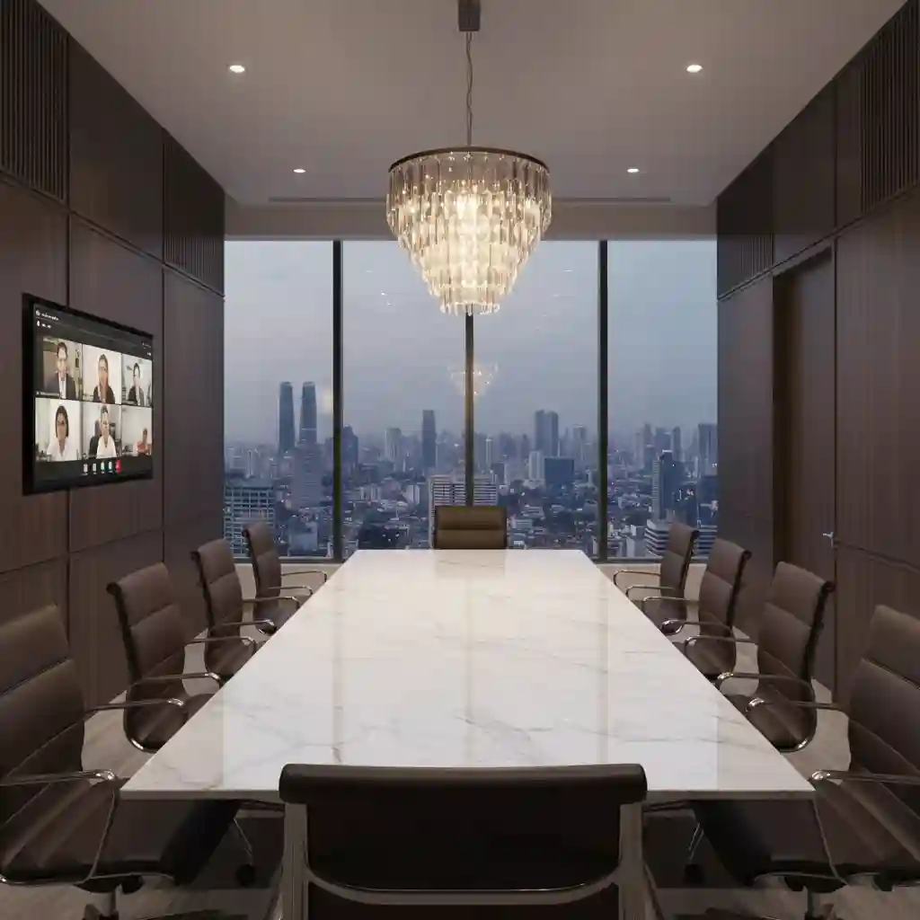 Interior ruang rapat direksi mewah dengan panel dinding kedap suara dan meja marmer, solusi desain interior kantor premium