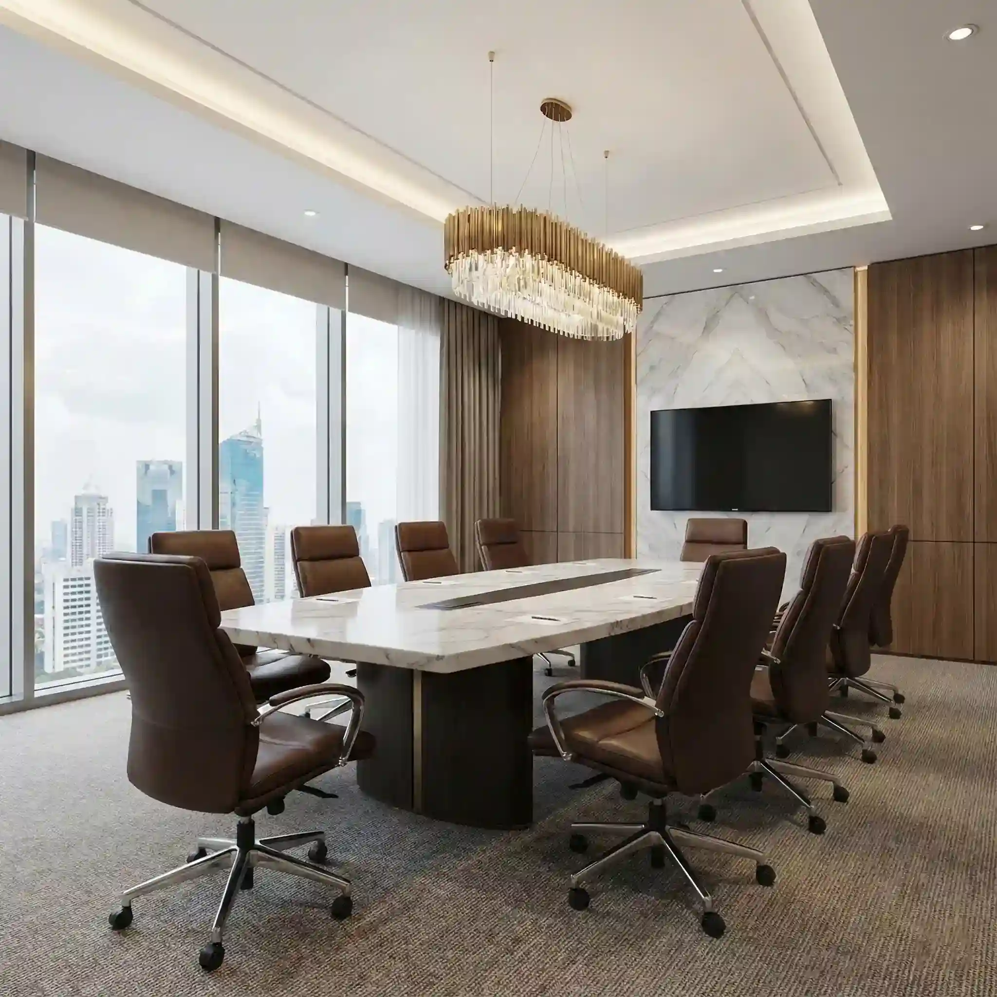 Interior ruang rapat direksi mewah dengan panel dinding kedap suara meja marmer, solusi desain interior kantor premium-kontraktor SPLusA.id