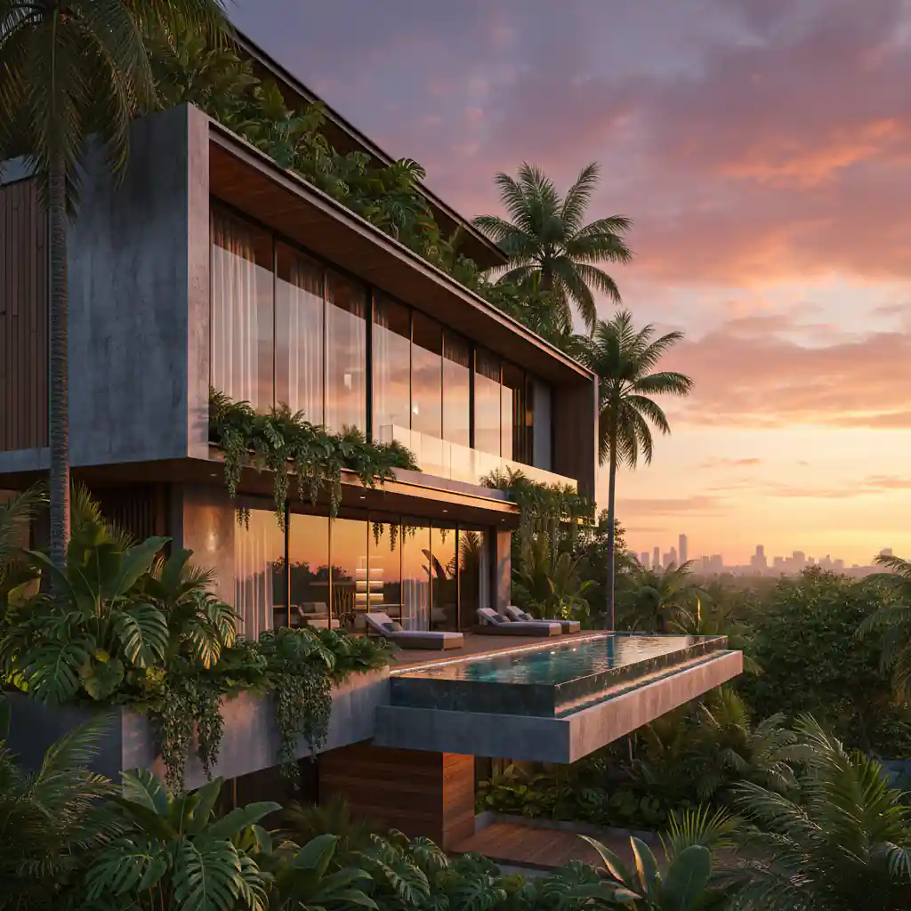 Jasa render arsitektur eksterior rumah mewah tropis modern di Jakarta dengan pencahayaan realistis-kontraktor interior jakarta terpercaya splusa.id