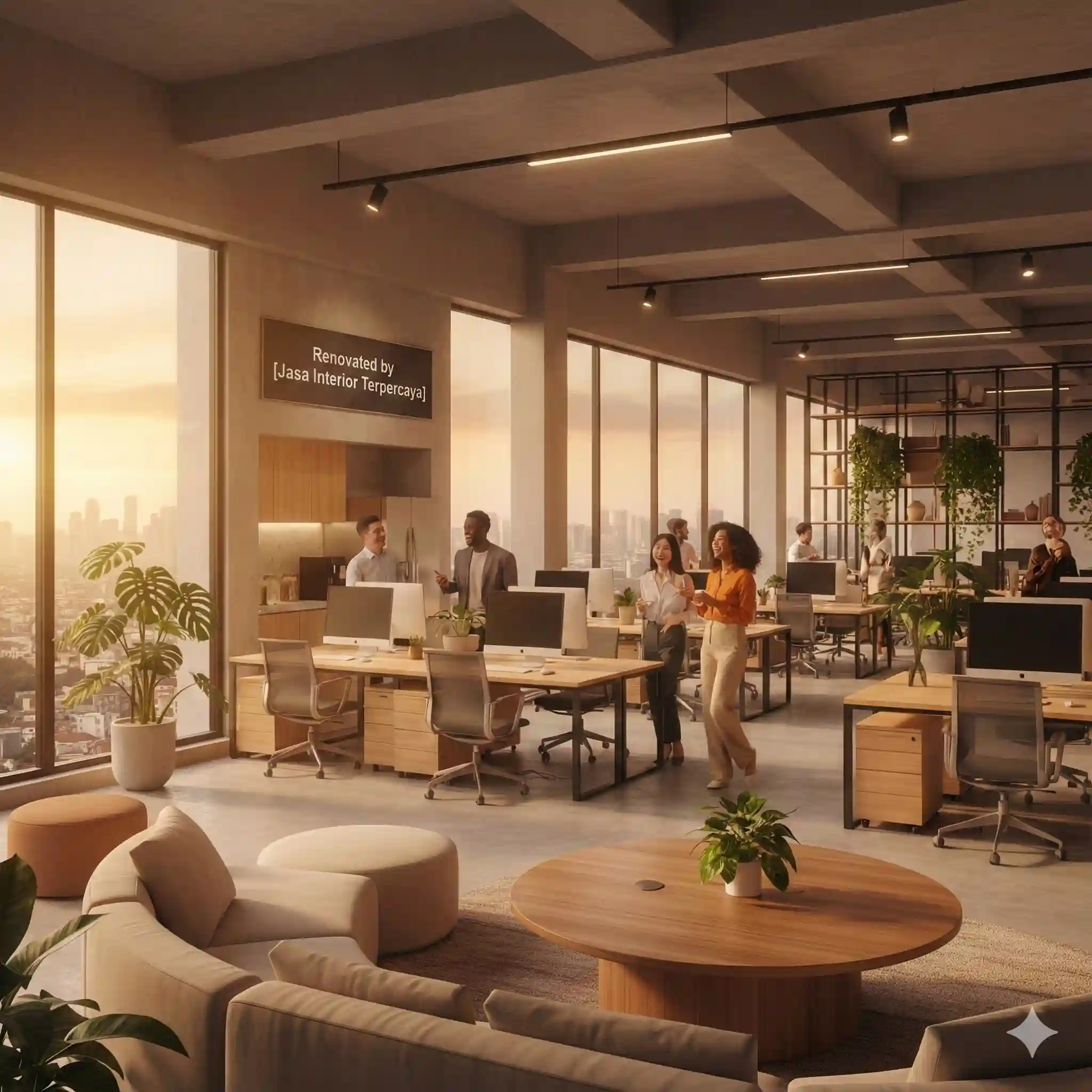 Karyawan bahagia menikmati hasil renovasi kantor baru oleh jasa interior terpercaya Karyawan bahagia menikmati hasil renovasi kantor baru oleh jasa interior terpercaya