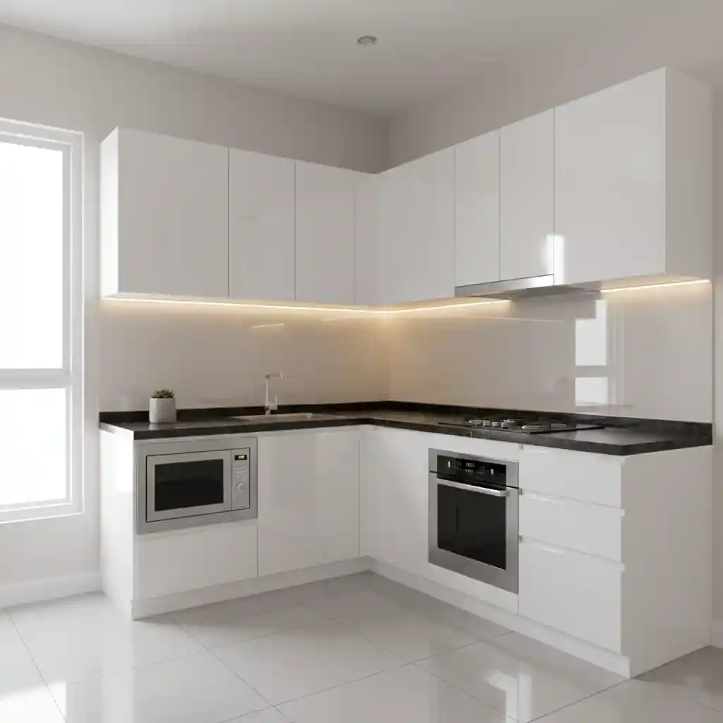 Kitchen set minimalis letter L warna putih untuk rumah type 36-kontraktor interior jakarta terpercaya splusa.id