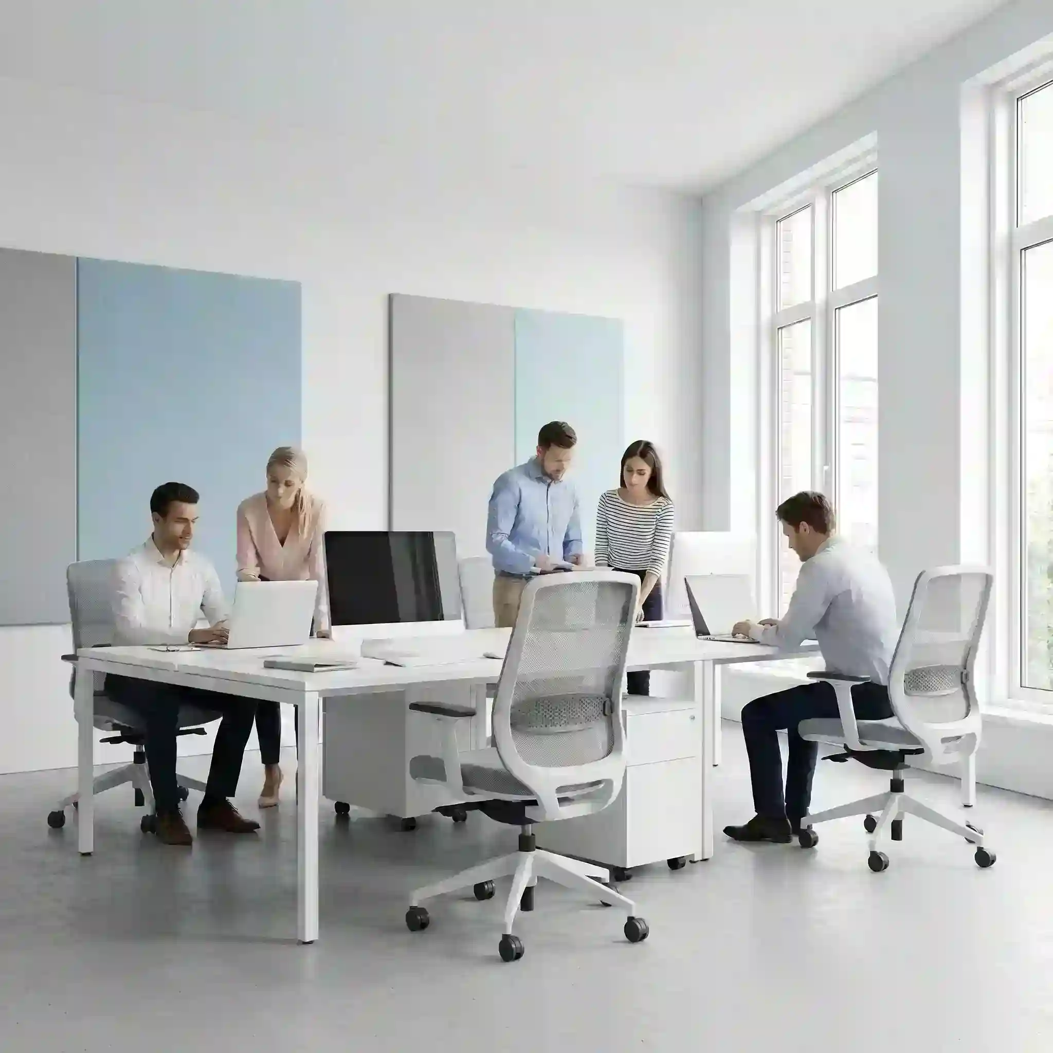 Konsep ruang kerja open plan ergonomis dengan pencahayaan alami maksimal untuk meningkatkan produktivitas karyawan kantor-kontraktor interior SPLusA.id