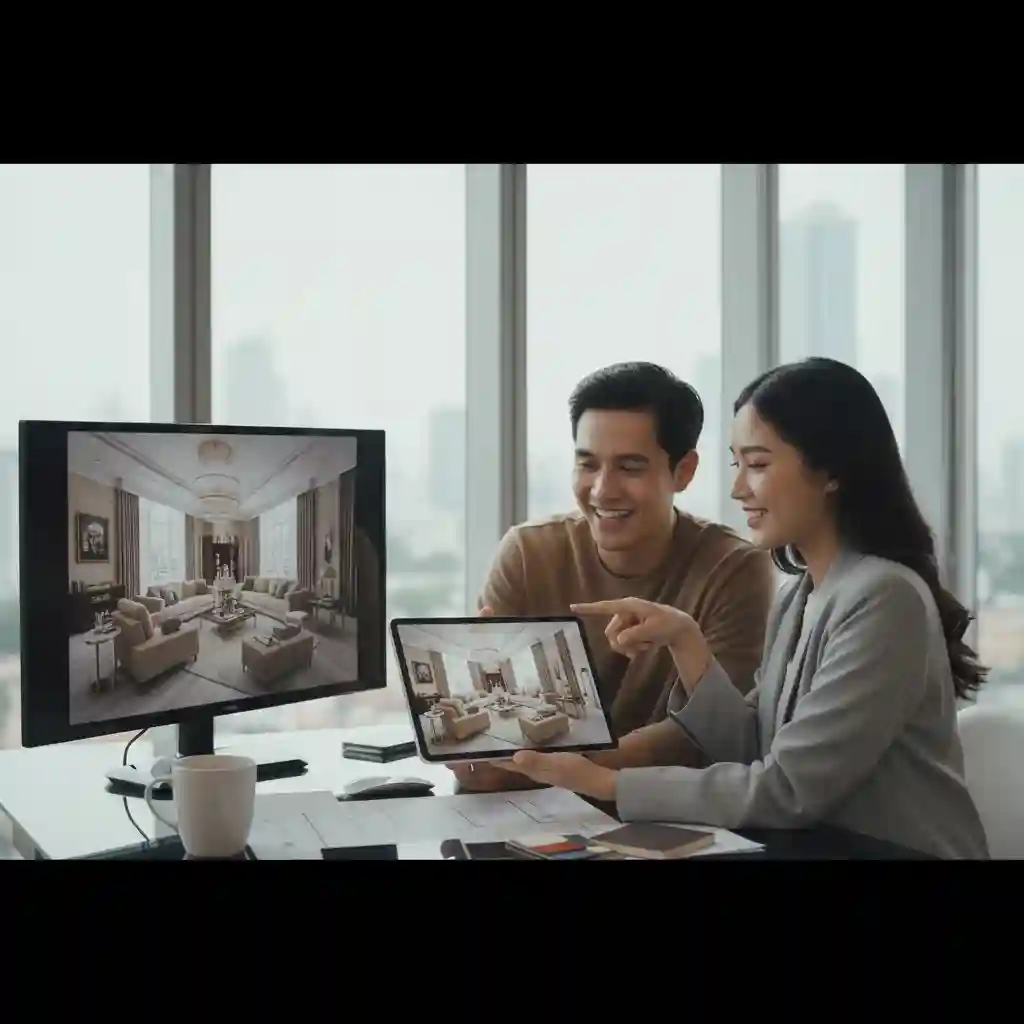 Konsultasi jasa desain interior profesional dengan klien menggunakan presentasi 3D-jasa desain dan kontraktor interior jakarta splusa.id