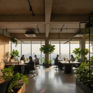 Kontraktor interior kantor Jakarta Barat desain modern industrial dengan elemen biophilic dan pemandangan kota