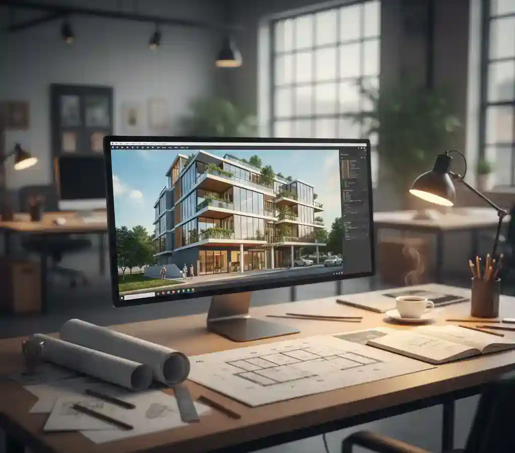 Layanan jasa render arsitektur profesional dengan tampilan layar monitor menampilkan desain 3D bangunan modern di studio desain interior-kontraktor interior jakarta terpercaya splusa.id