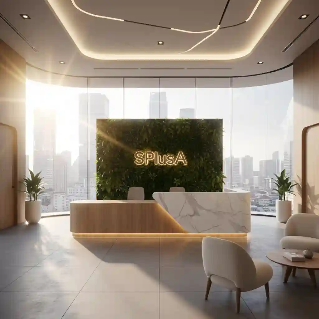 Lobby kantor modern dan mewah hasil karya kontraktor interior kantor jakarta terbaik SPlusA.id Lobby kantor modern dan mewah hasil karya kontraktor interior kantor jakarta terbaik SPlusA.id