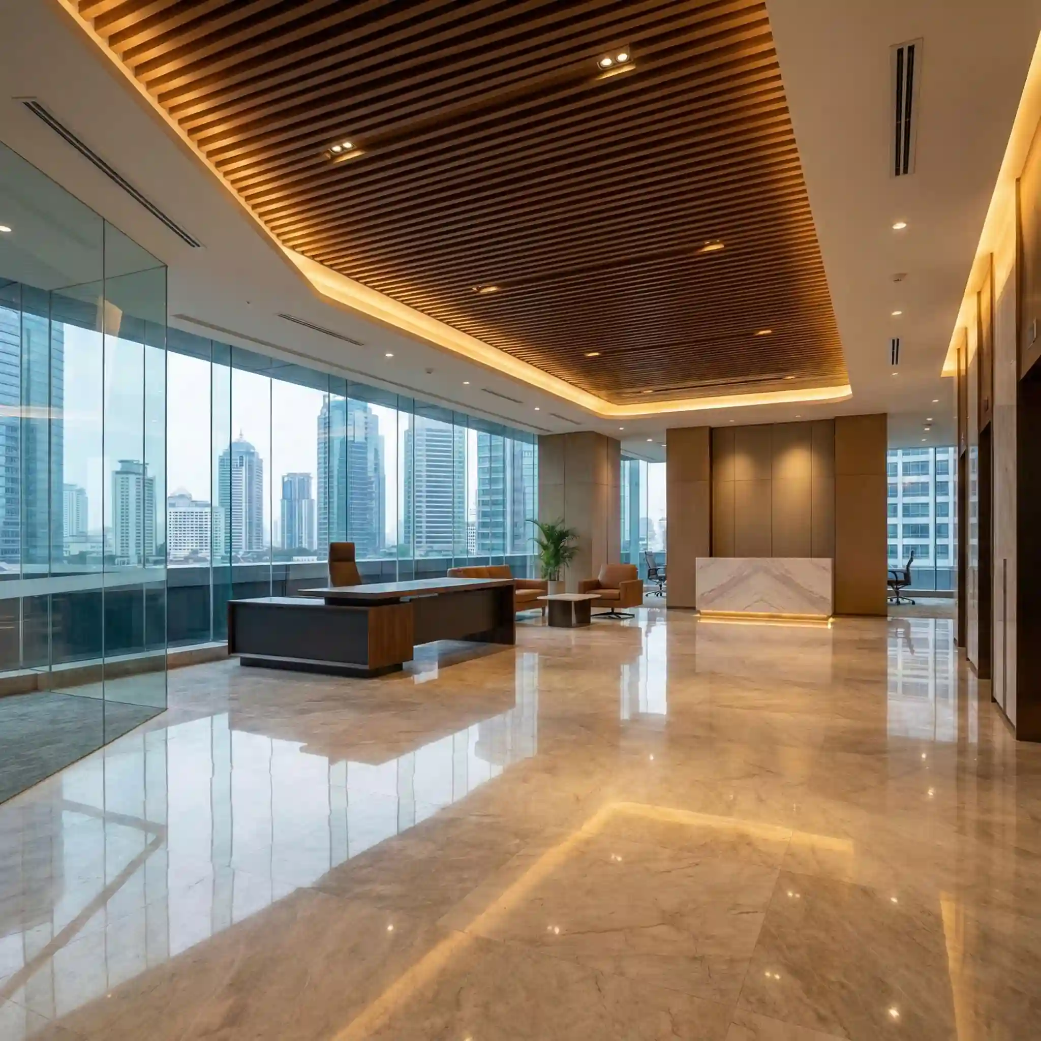 Lobby kantor modern mewah dengan pemandangan gedung pencakar langit Jakarta, karya daftar kontraktor interior di jakarta terbaik Lobby kantor modern mewah dengan pemandangan gedung pencakar langit Jakarta, karya daftar kontraktor interior di jakarta terbaik