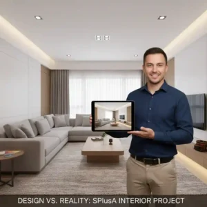 Perbandingan desain 3D dan hasil jadi interior ruang tamu modern-jasa interior splusa.id