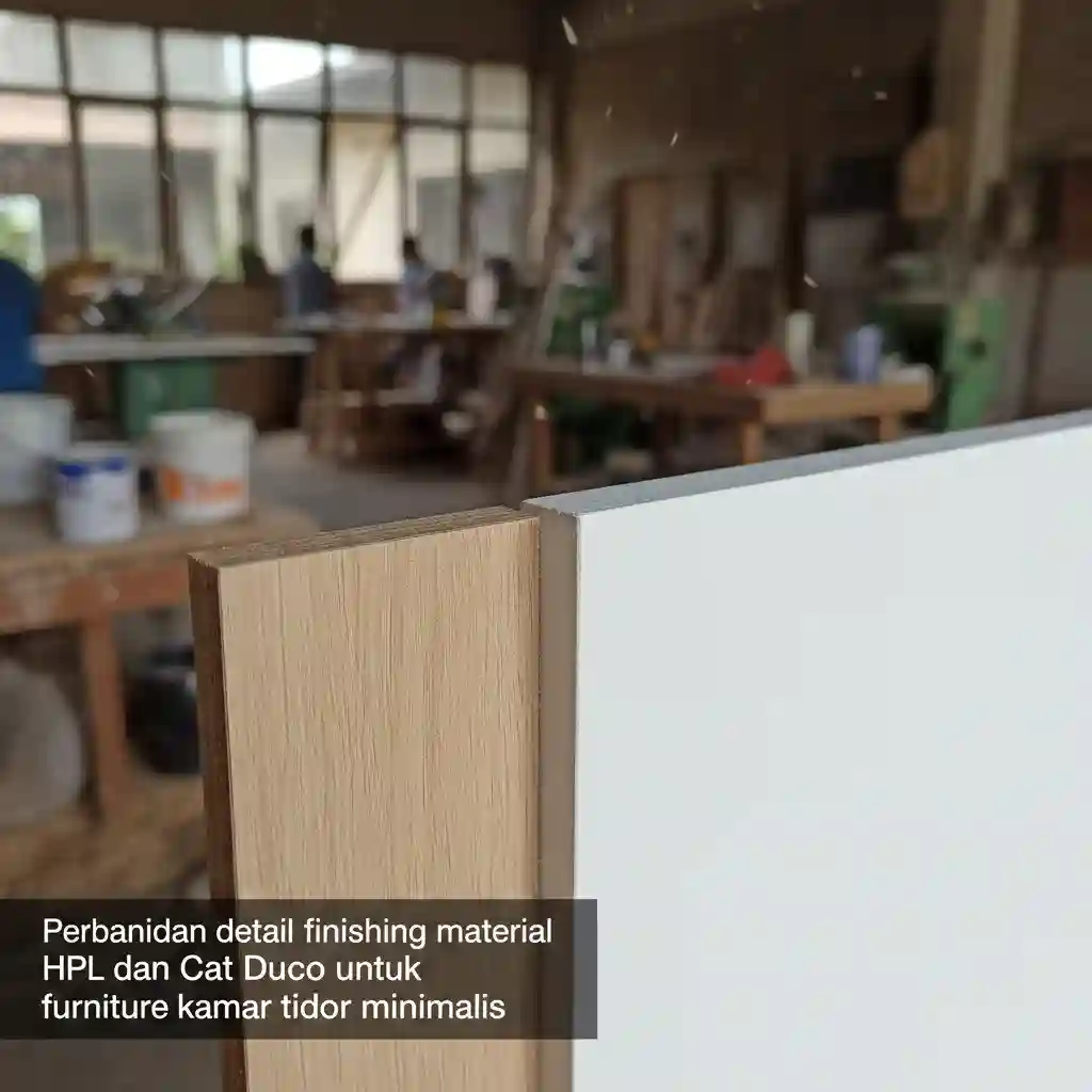 Perbandingan detail finishing material HPL dan Cat Duco untuk furniture kamar tidur minimalis-jasa interior jakarta splusa.id Perbandingan detail finishing material HPL dan Cat Duco untuk furniture kamar tidur minimalis-jasa interior jakarta splusa.id