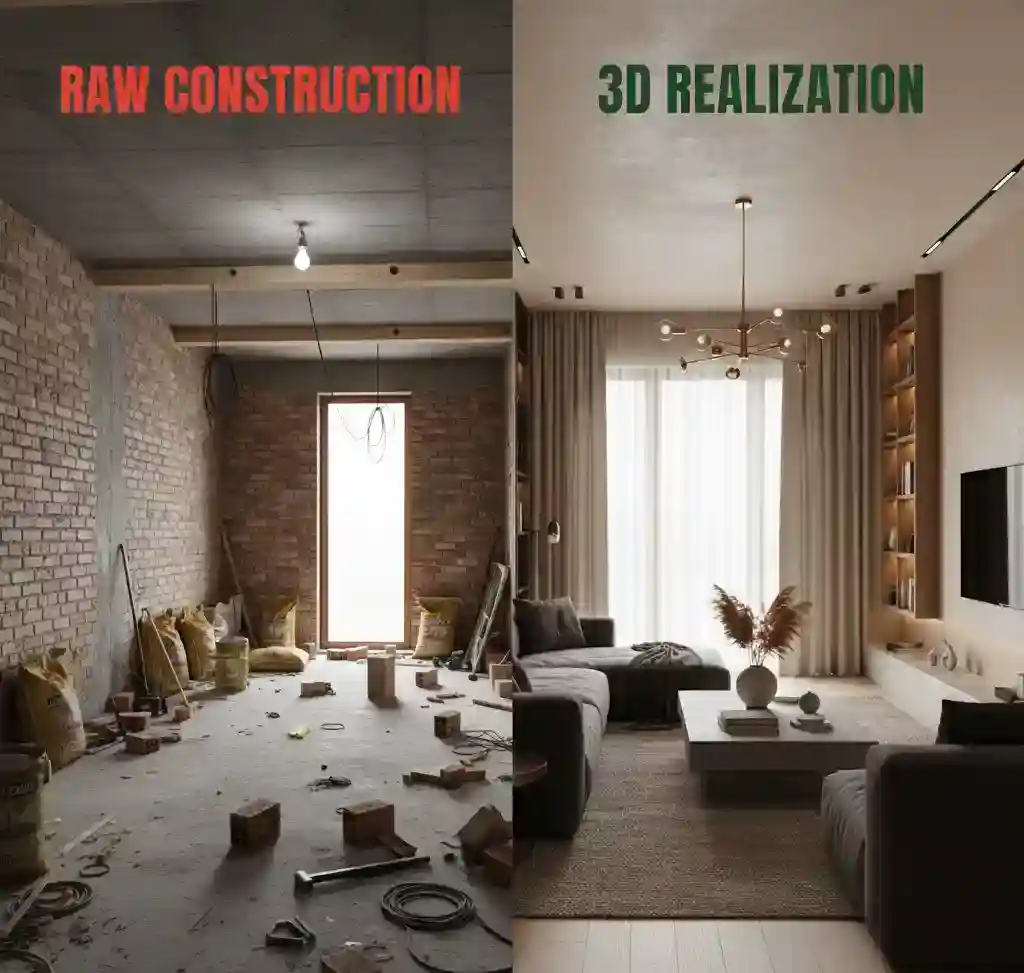 Perbandingan lokasi konstruksi mentah dengan hasil desain 3D interior yang realistis-jasa desain dan kontraktor interior jakarta splusa.id