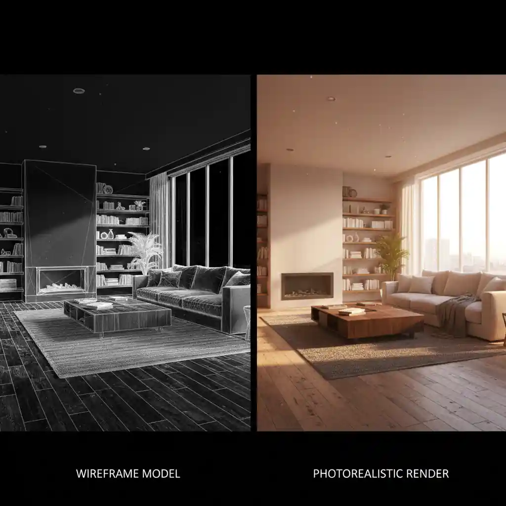 Perbandingan proses modeling 3D dan hasil akhir jasa 3D rendering interior ruang tamu mewah-jasa interior jakarta splusa.id Perbandingan proses modeling 3D dan hasil akhir jasa 3D rendering interior ruang tamu mewah-jasa interior jakarta splusa.id