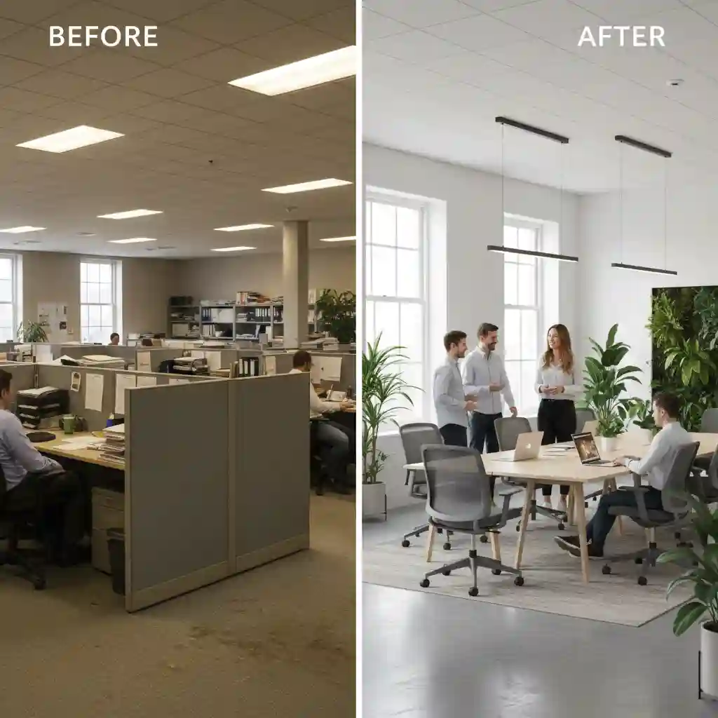 Perbandingan sebelum dan sesudah renovasi interior kantor Jakarta Pusat Perbandingan sebelum dan sesudah renovasi interior kantor Jakarta Pusat