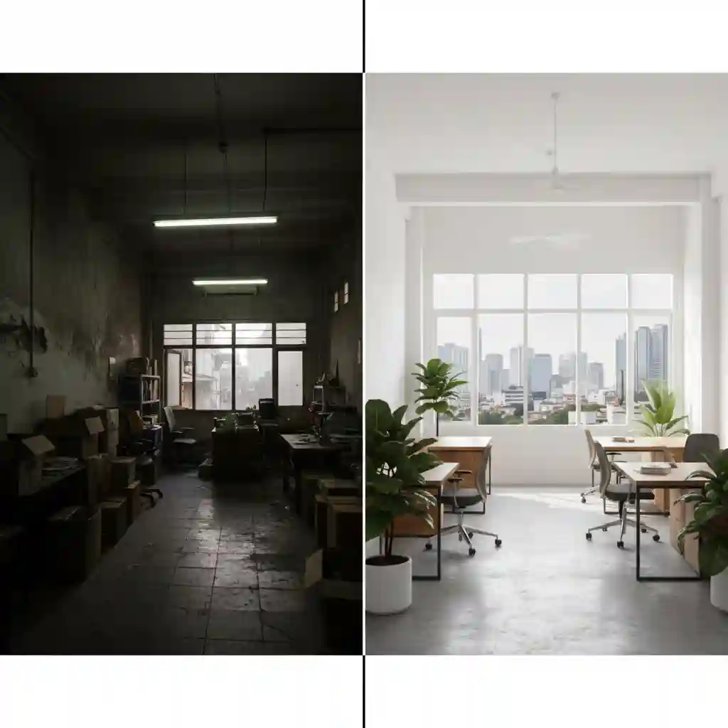 Perbandingan sebelum dan sesudah renovasi interior ruko Jakarta Utara Perbandingan sebelum dan sesudah renovasi interior ruko Jakarta Utara