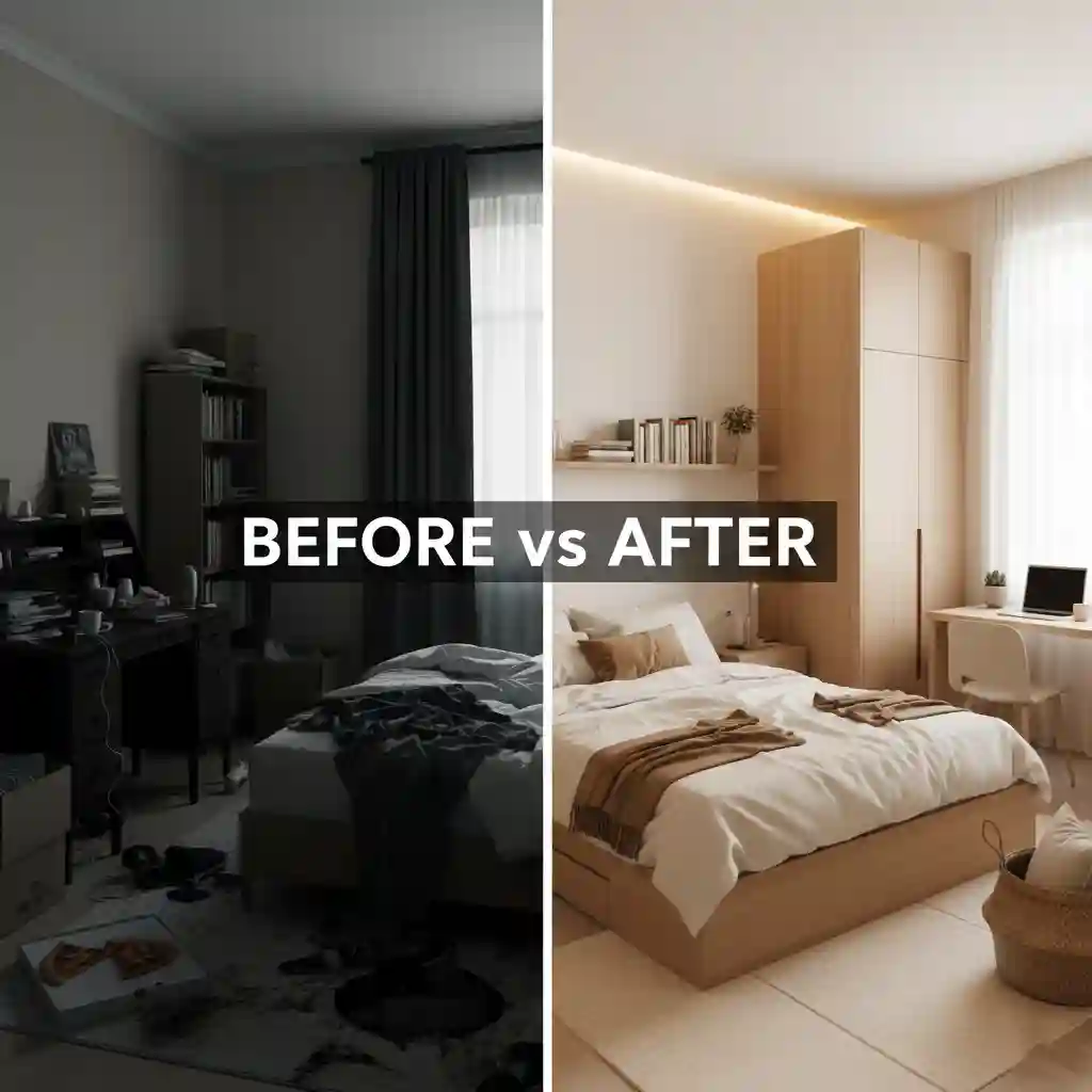 Perbandingan sebelum dan sesudah renovasi kamar tidur yang menunjukkan nilai dari harga desain kamar tidur profesional-jasa dan kontraktor interior splusa.id Perbandingan sebelum dan sesudah renovasi kamar tidur yang menunjukkan nilai dari harga desain kamar tidur profesional-jasa dan kontraktor interior splusa.id