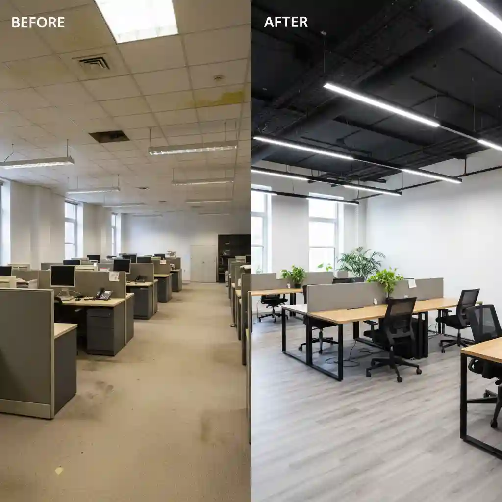 Perbandingan sebelum dan sesudah renovasi kantor gaya industrial hemat budget Perbandingan sebelum dan sesudah renovasi kantor gaya industrial hemat budget