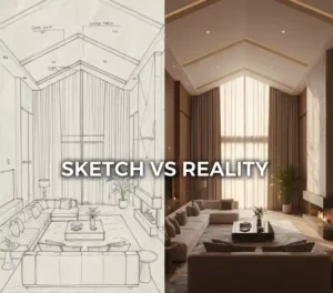 Perbandingan sketsa desain interior dan hasil harga render interior 3D fotorealistik ruang tamu mewah-kontraktor interior jakarta terpercaya splusa.id