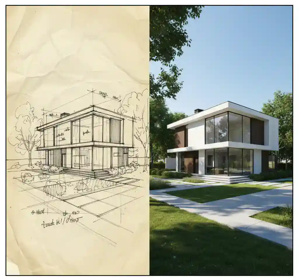 Perbandingan sketsa manual dengan hasil jasa render 3d rumah-kontraktor interior jakarta terpercaya splusa.id Perbandingan sketsa manual dengan hasil jasa render 3d rumah-kontraktor interior jakarta terpercaya splusa.id