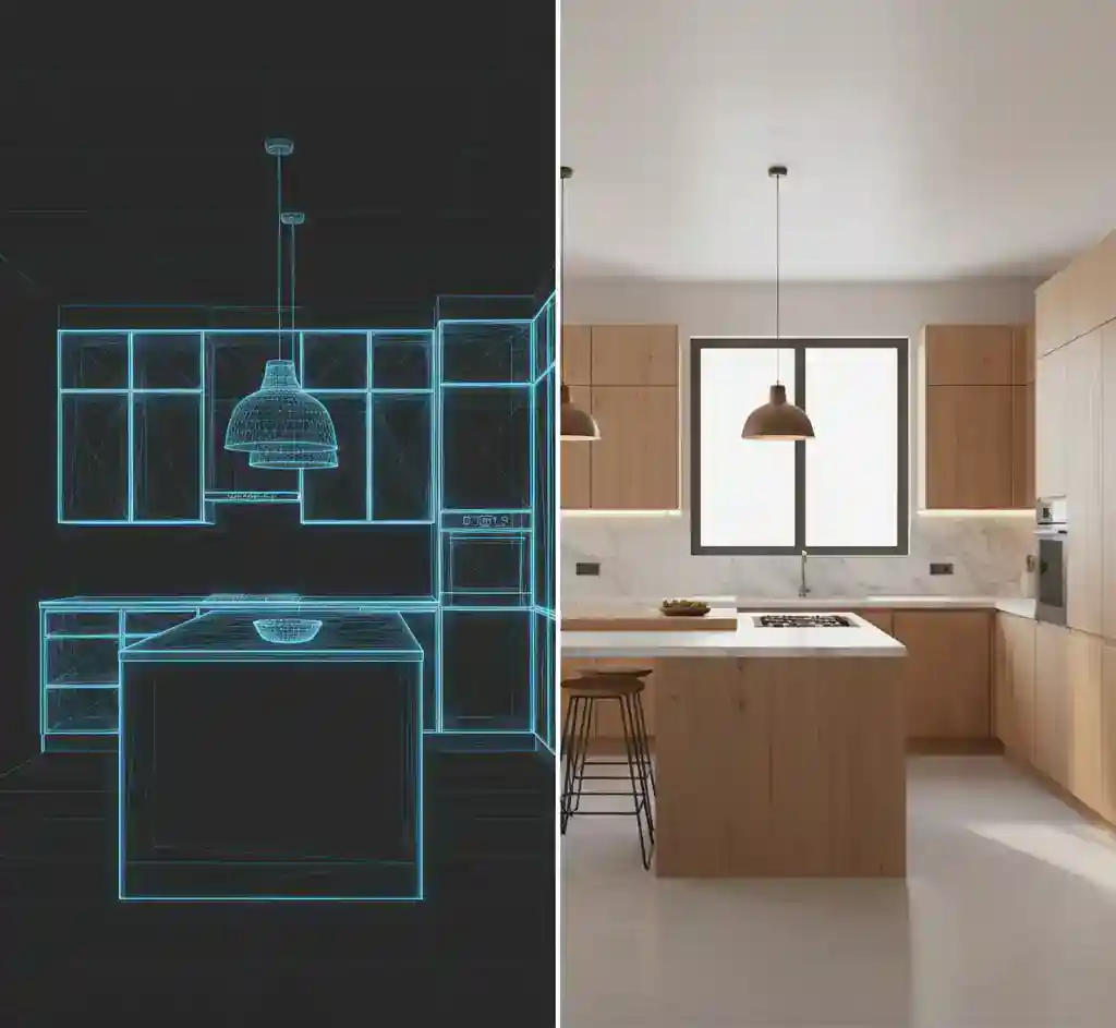 Perbandingan wireframe 3D dan hasil akhir render fotorealistik dapur modern-kontraktor interior jakarta terpercaya splusa.id
