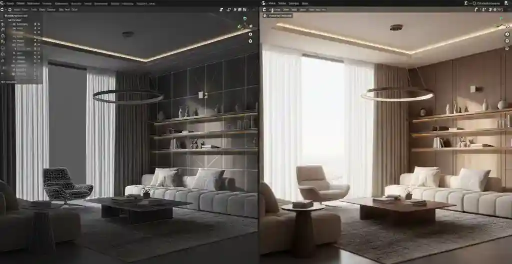 Proses desain interior blender dari wireframe 3d menjadi hasil render visualisasi nyata-kontraktor interior jakarta terpercaya splusa.id