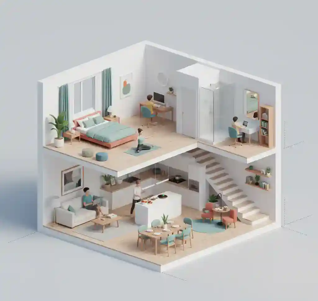 Render isometri potongan rumah minimalis 2 lantai memperlihatkan tata letak ruangan-kontraktor interior jakarta terpercaya splusa.id