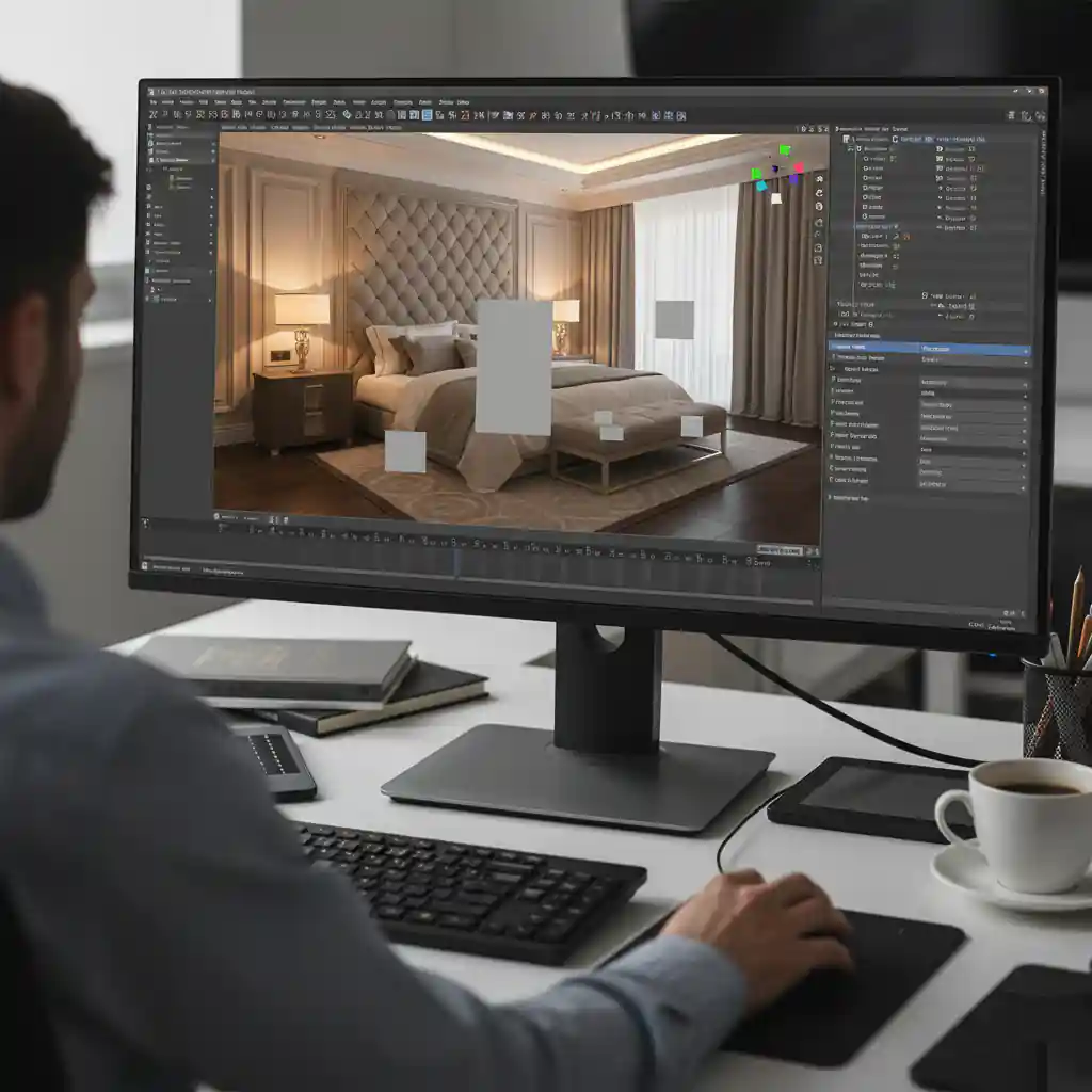 Tampilan layar kerja desainer interior menggunakan software 3D rendering profesional-jasa interior jakarta splusa.id Tampilan layar kerja desainer interior menggunakan software 3D rendering profesional-jasa interior jakarta splusa.id