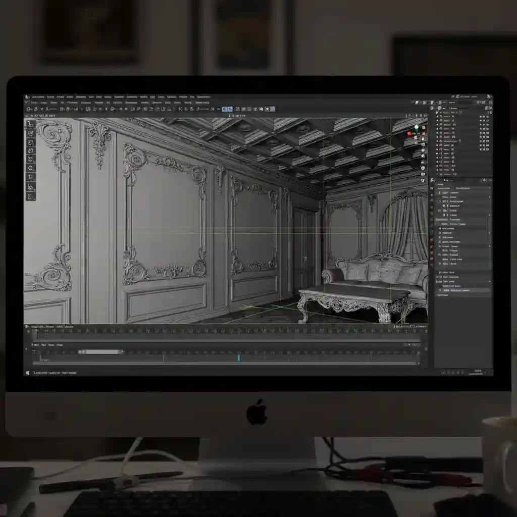 Tampilan software desain interior 3D yang menunjukkan kerumitan proses rendering-jasa desain dan kontraktor interior jakarta splusa.id