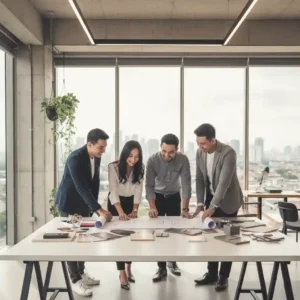 Tim kontraktor design interior Jakarta SPlusA.id sedang diskusi proyek renovasi dengan klien