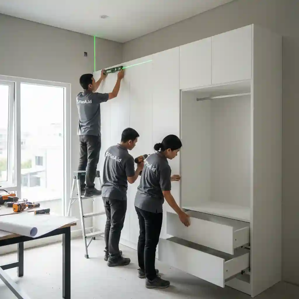 Tim kontraktor interior SPlusA sedang instalasi lemari custom di Jakarta