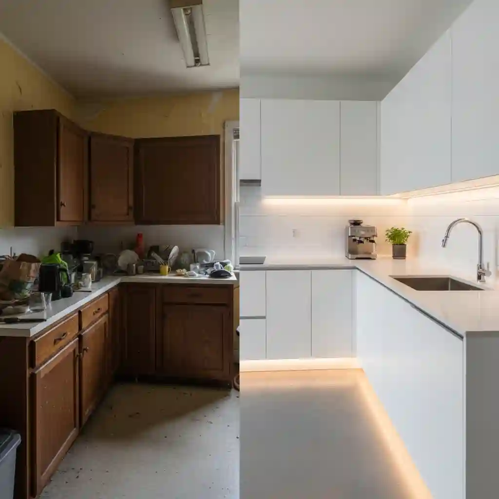 Transformasi renovasi dapur sebelum dan sesudah oleh jasa kontraktor interior Jakarta SPlusA.id Transformasi renovasi dapur sebelum dan sesudah oleh jasa kontraktor interior Jakarta SPlusA.id