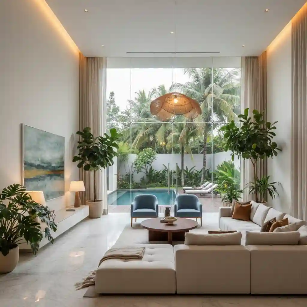 Desain ruang tamu mewah modern tropis karya kontraktor interior Jakarta Selatan di area Pondok Indah Desain ruang tamu mewah modern tropis karya kontraktor interior Jakarta Selatan di area Pondok Indah