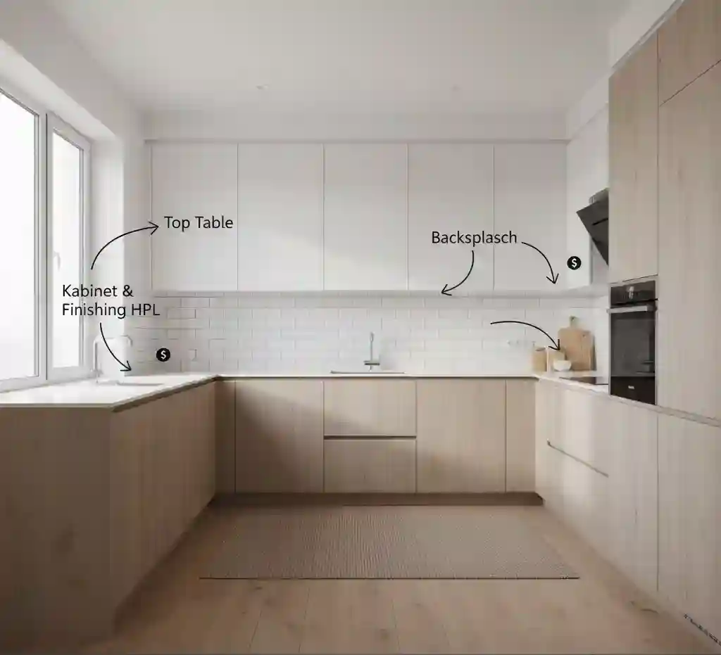 Komponen biaya pembuatan kitchen set modern minimalis finishing HPL-jasa desain dan kontraktor interior jakarta splusa.id Komponen biaya pembuatan kitchen set modern minimalis finishing HPL-jasa desain dan kontraktor interior jakarta splusa.id